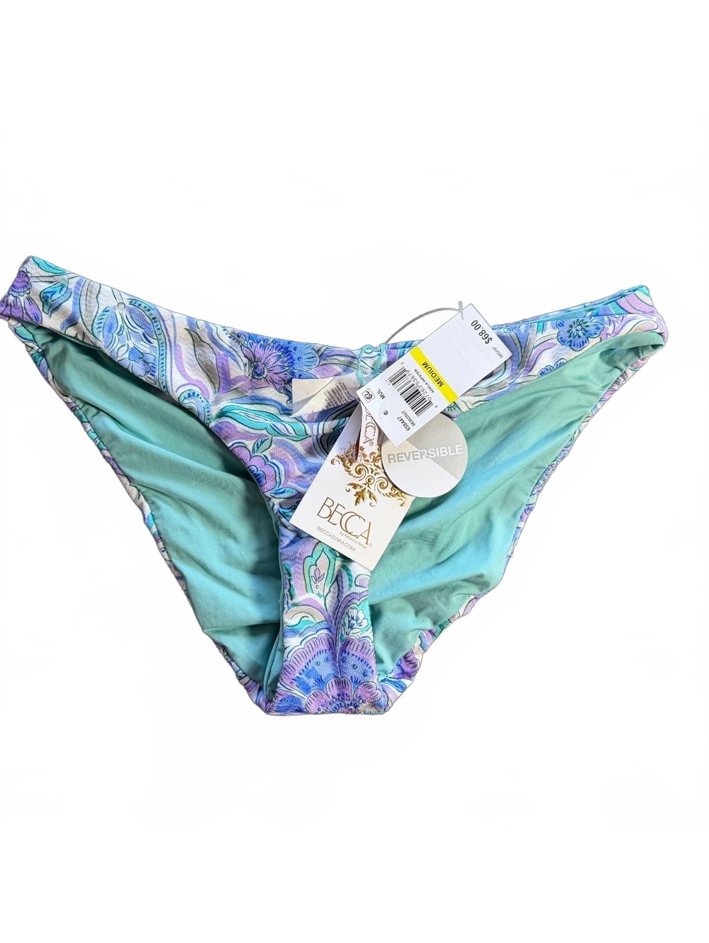 BECCA Adela hipster reversible paisley purple solid turquoise bikini swim bottom
